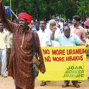 Adivasi protests in Bihar against uranium mining in Jadugoda, Jharkhand. Photo from the documentary “Buddha Weeps in Jaduguda.“